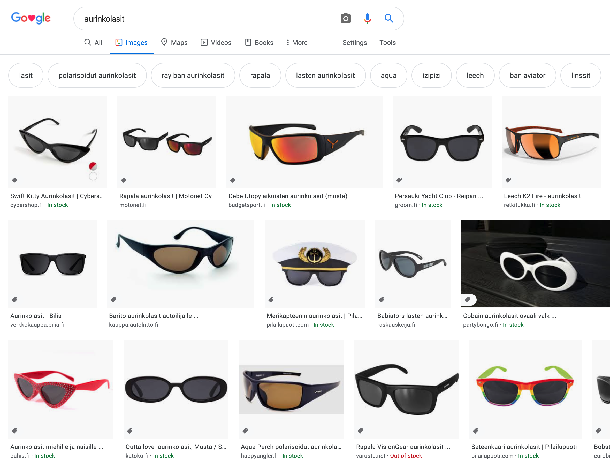 Aurinkolasit Google-kuvahaussa