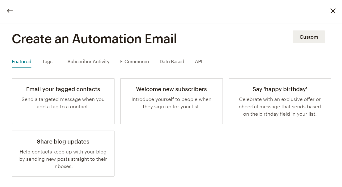 Kuvakaappaus Mailchimp uuden automaation luomisesta