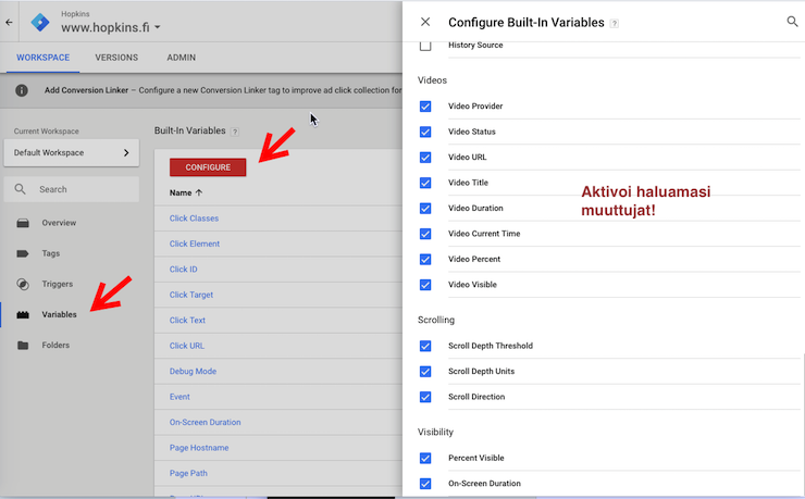 Konfiguroi muuttujat Tag Managerissa