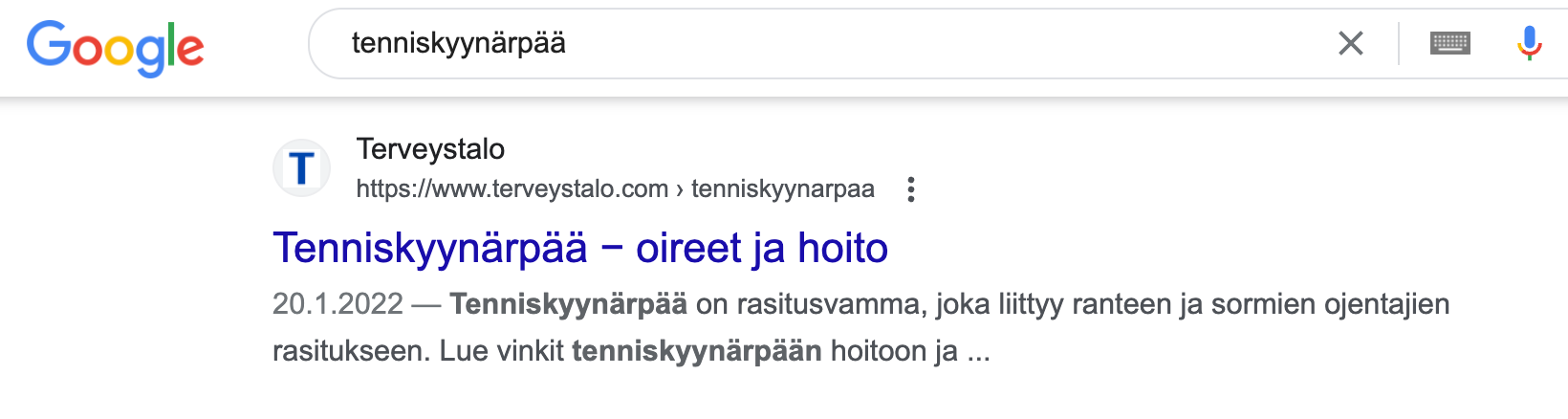 Terveystalo ohjaa kysyntää, kun Google-haussa nousee sen Tenniskyynärpää-artikkeli.